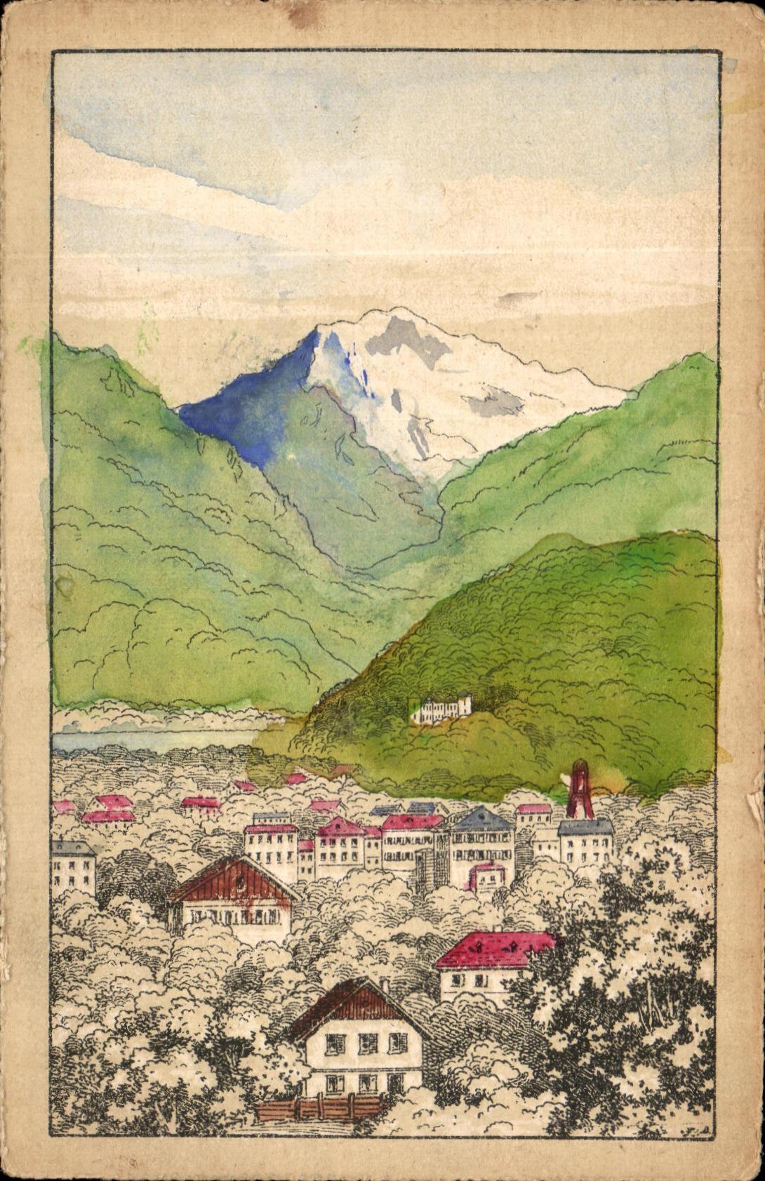 Village alpin — montagne enneigée — illustration