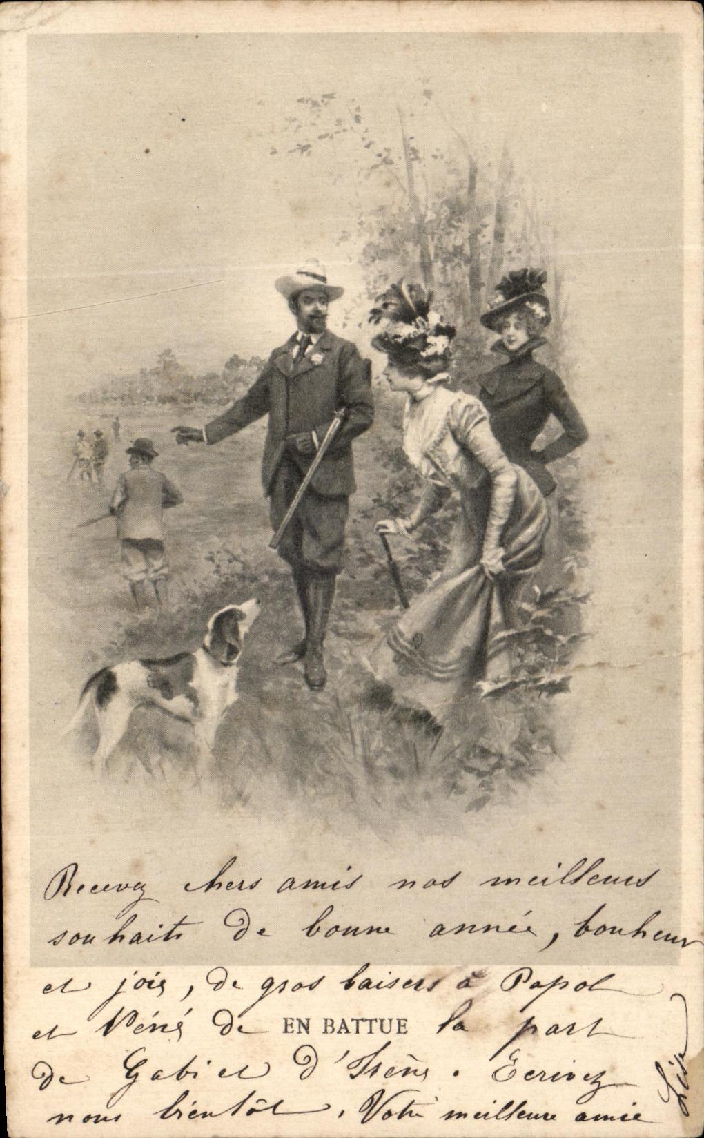 CPA Fantaisie Femme Chasseur Chasse Chien