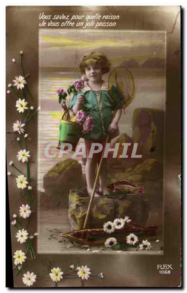 CPA Fantaisie Enfant et epuisette Poissons 