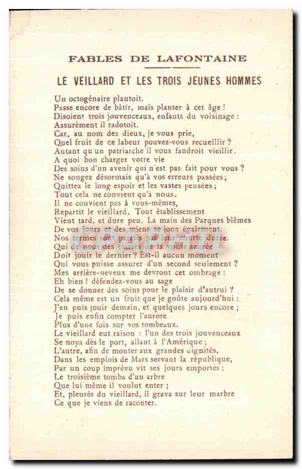 CPA Fantaisie Fables de la Fontaine Le vieillard et les trois jeunes hommes  — Rückseite