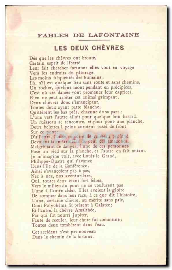 CPA Fantaisie Fables de la Fontaine Les deux chevres — Rückseite