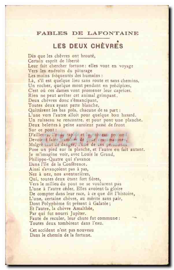 Les Deux Chèvres — Fables de La Fontaine — d'après Gustave Doré — Collection de la Kolarsine et de la Solution Pautaubeerge — Verso