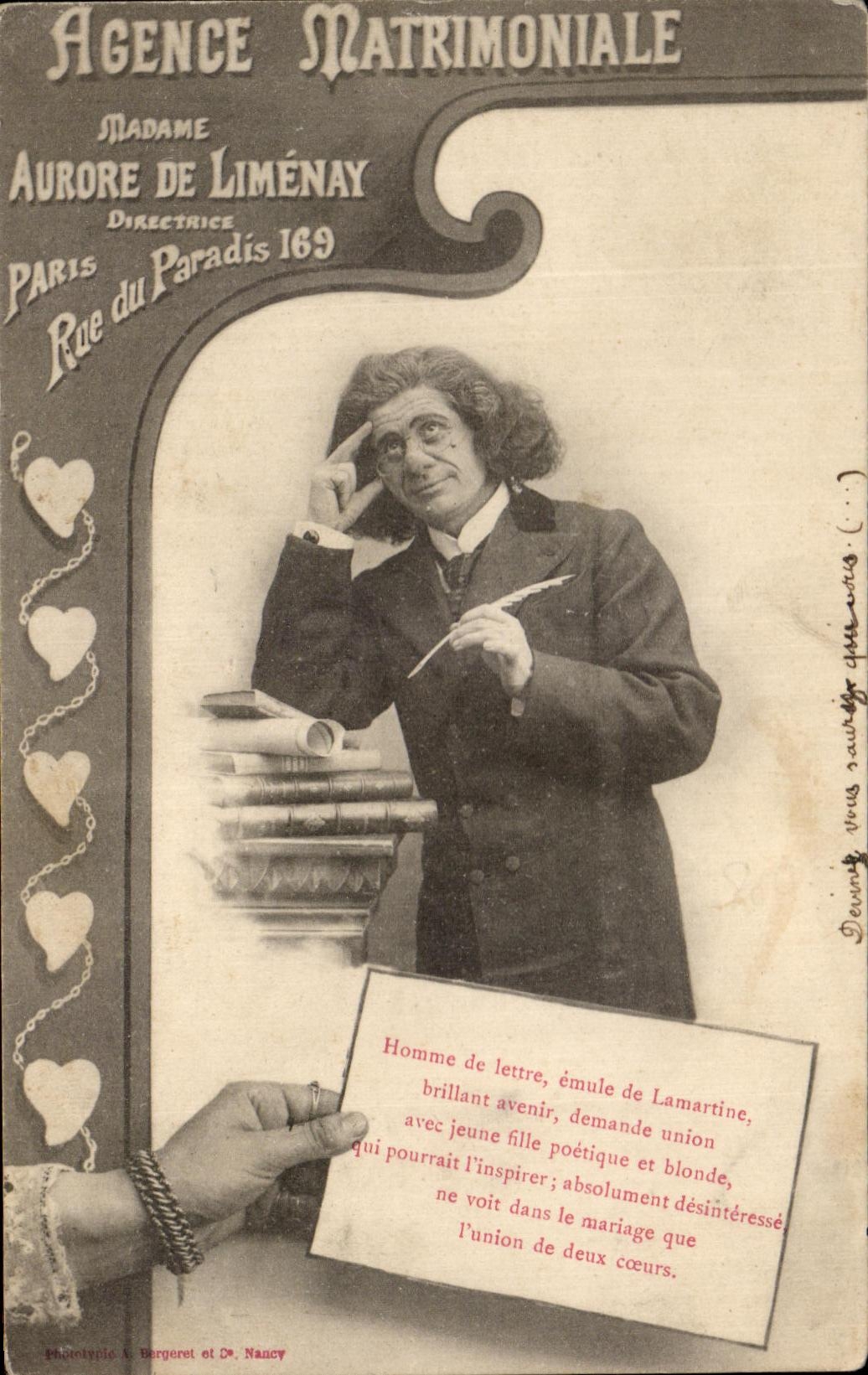 CPA Fantaisie Agence matrimoniale Aurore de limenay Rue du Paradis Paris 