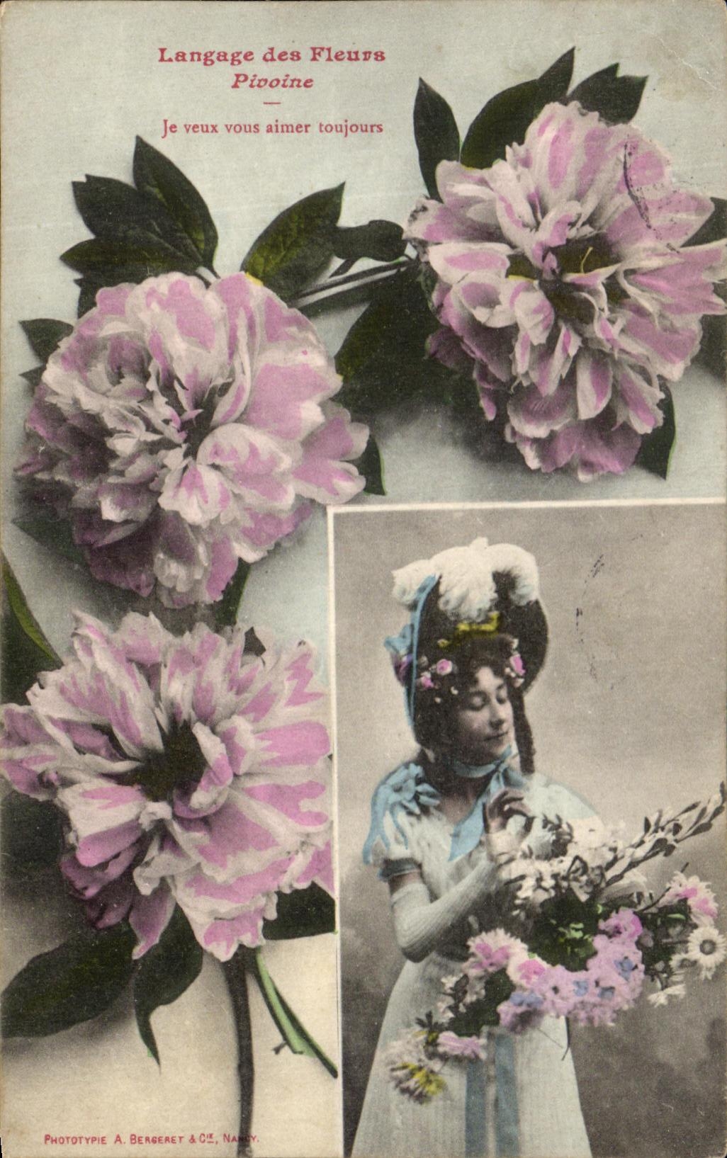 CPA Fantaisie Femme Langage des fleurs Pivoine 