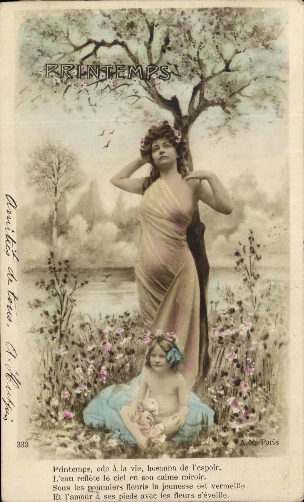 Printemps — Poème et jeune femme sous un arbre fleuri — A.N. Paris, n°333
