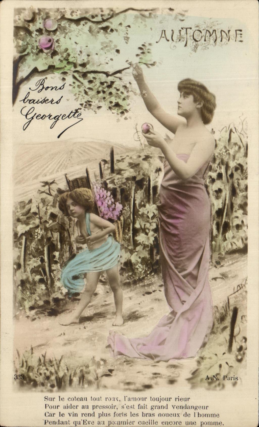 Otoño — Eve recoge una manzana, niño al lado — A.N. París, n°333