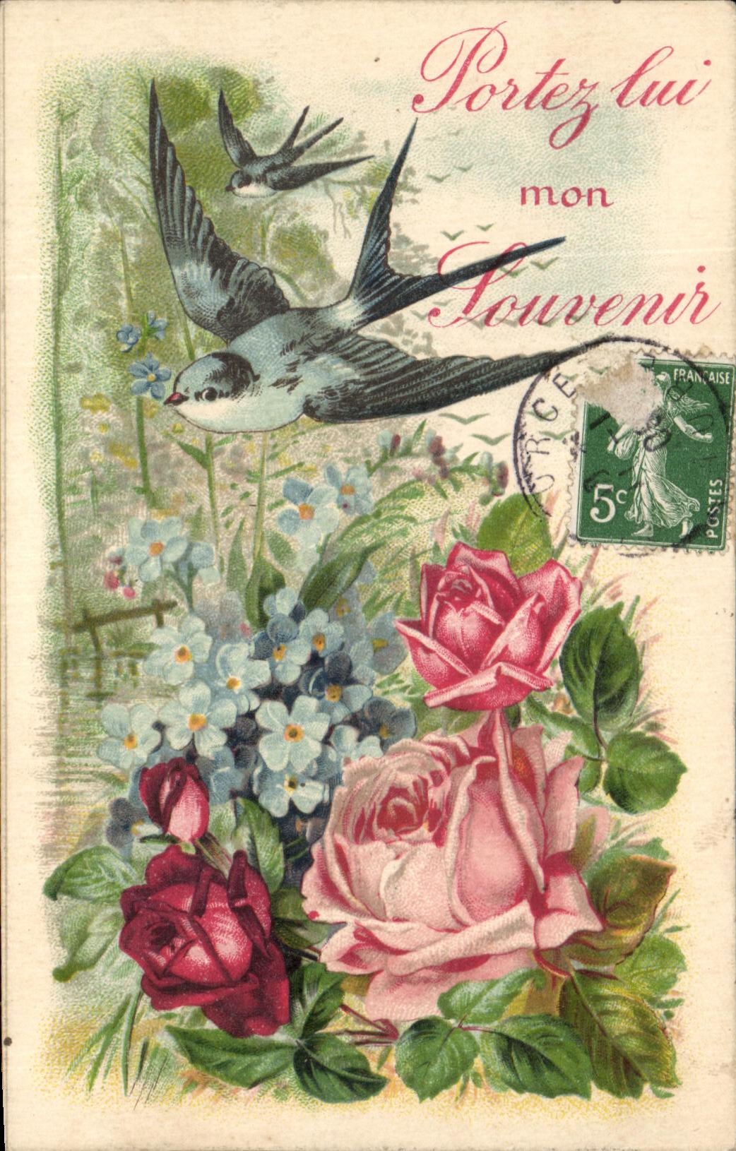 CPA Fantaisie Fleurs Hirondelle 