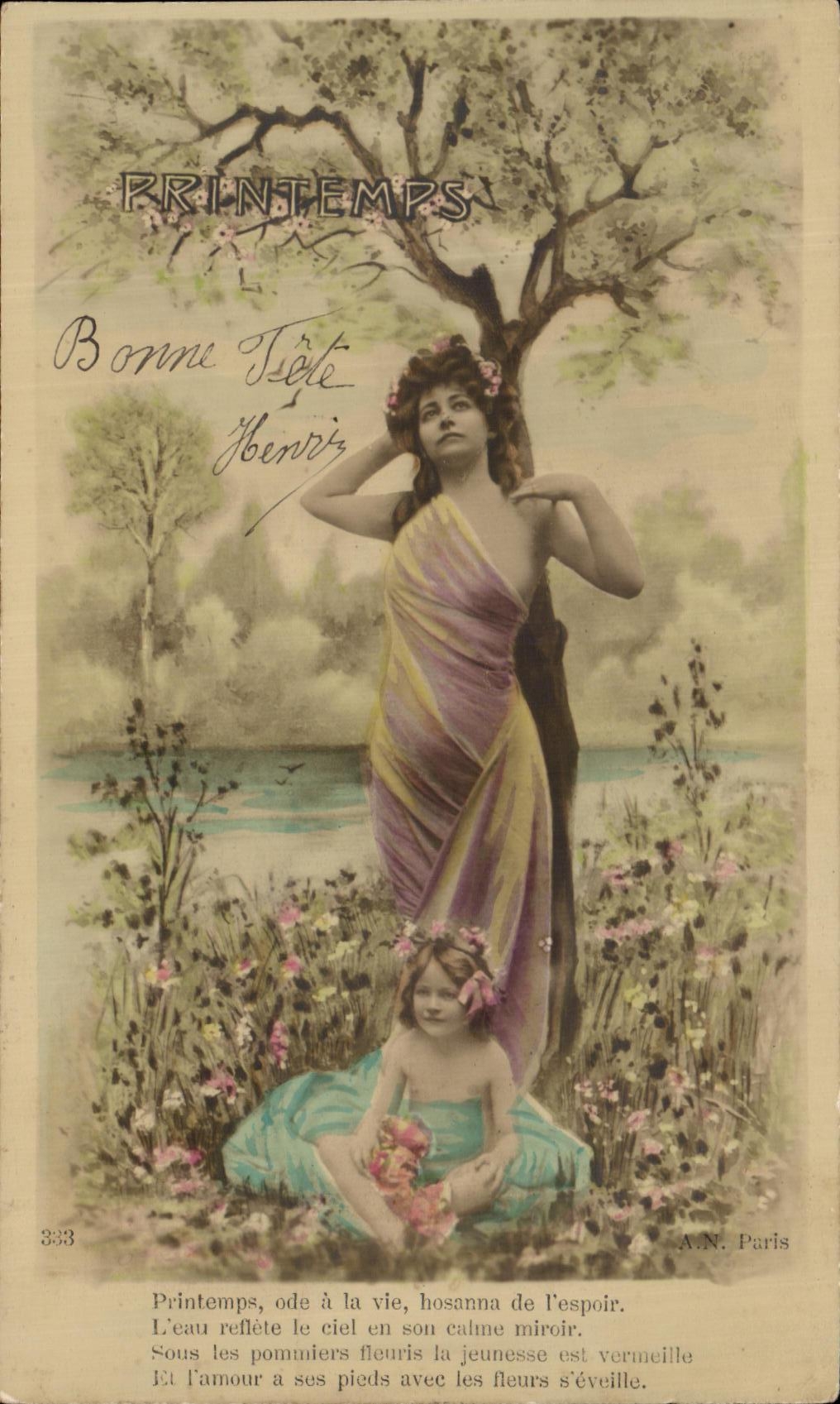 Printemps — Poème et jeune femme sous un arbre fleuri — A.N. Paris, n°333
