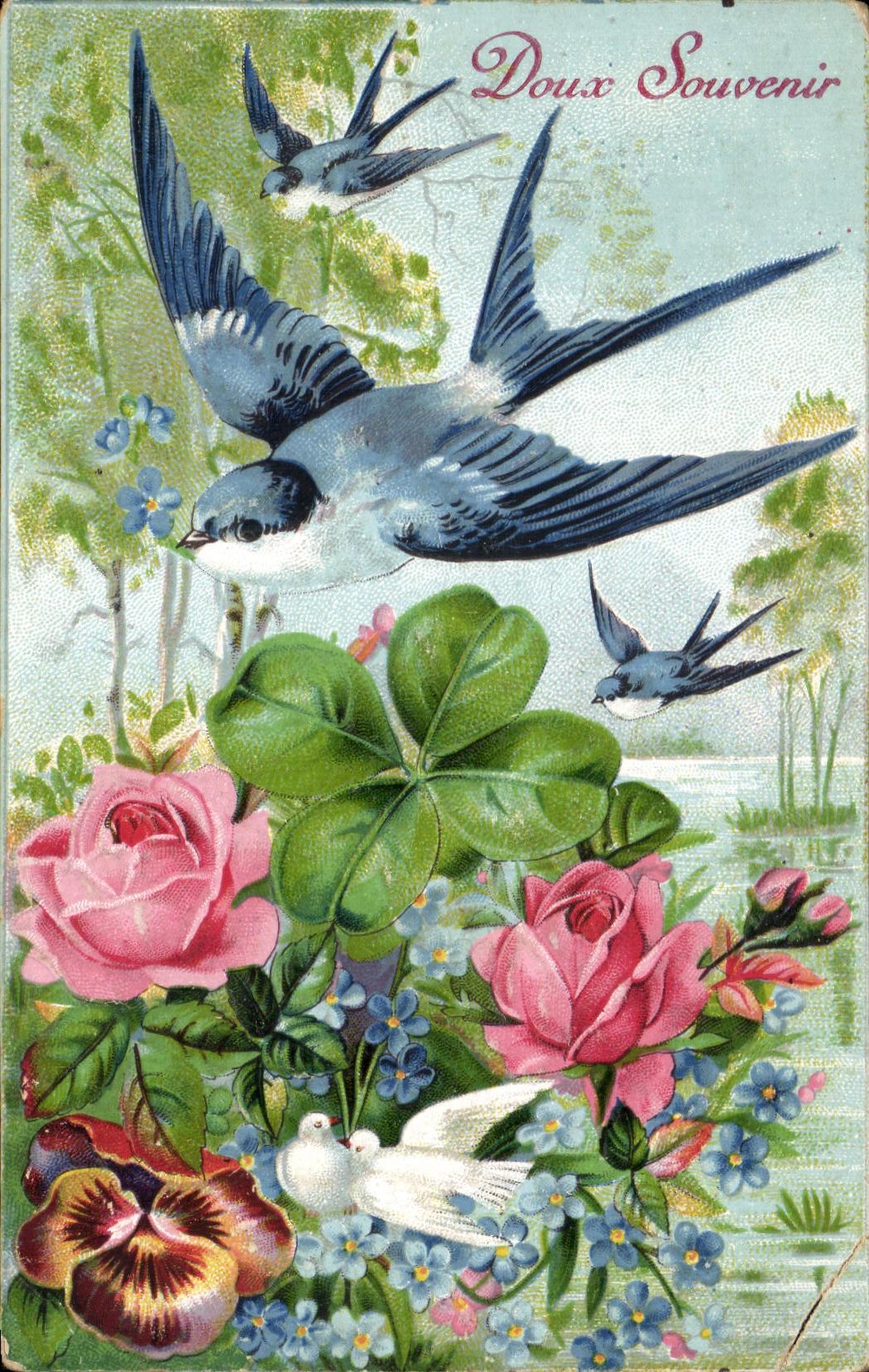 CPA Fantaisie Fleurs Hirondelle Colombes