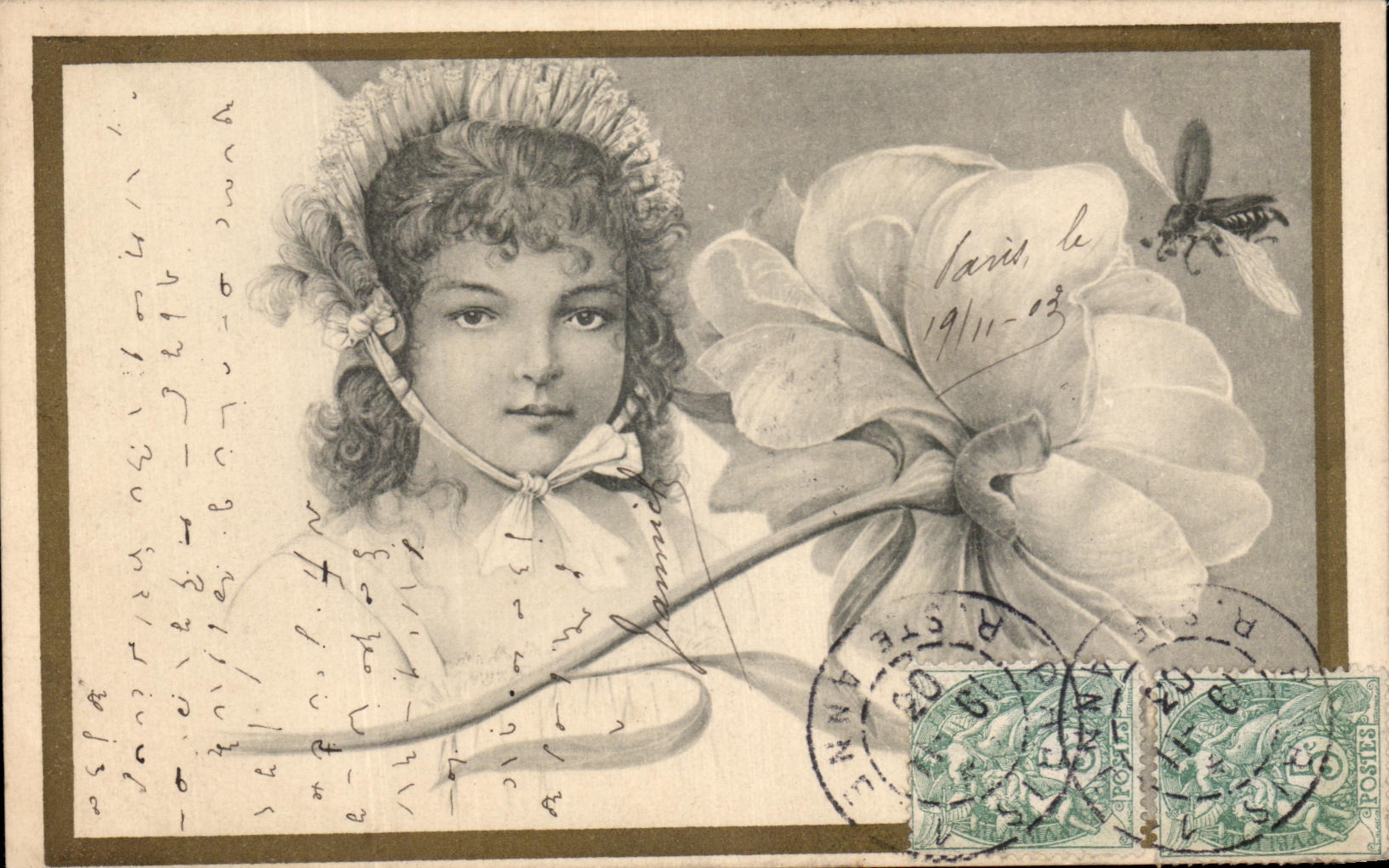 CPA Fantaisie Enfant Abeille Fleurs 