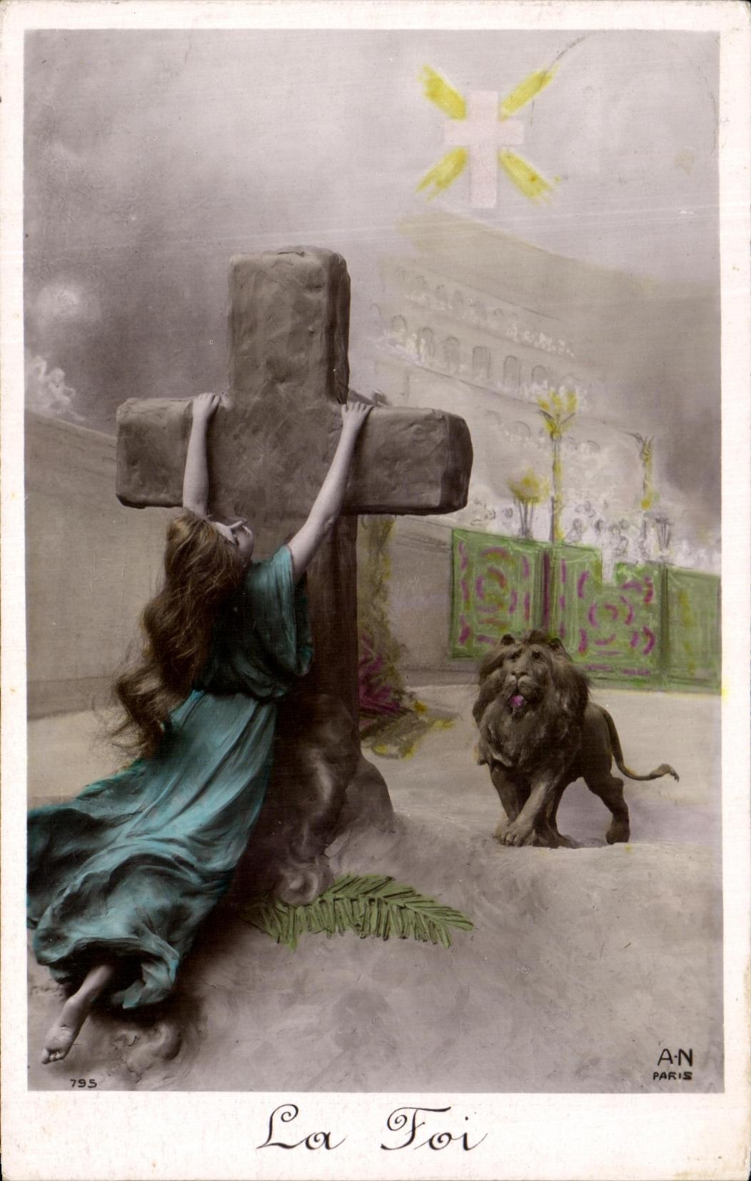 CPA Fantaisie Femme la foi lion 