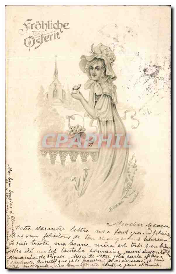 Frohliche Ostern — femme en robe longue tenant un panier — éditeur non visible