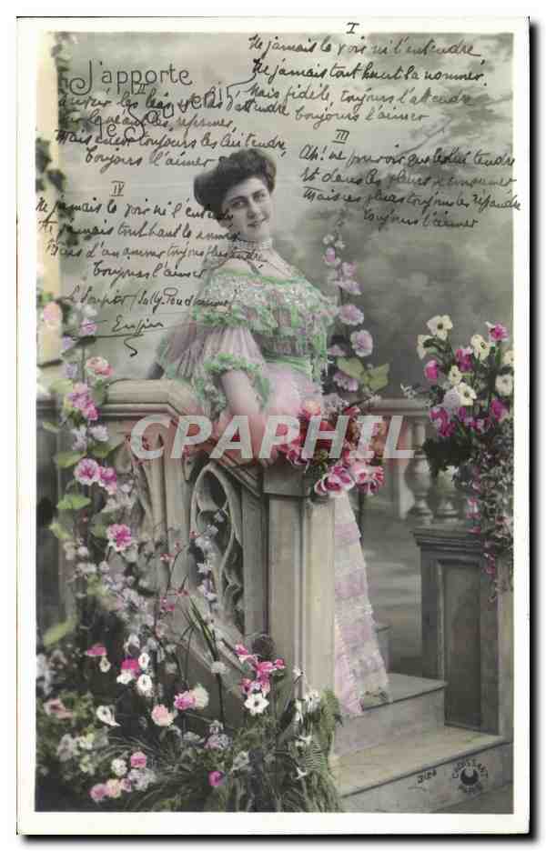 Femme en robe rose et verte — décor de fleurs — éditeur Sully-Penduôme