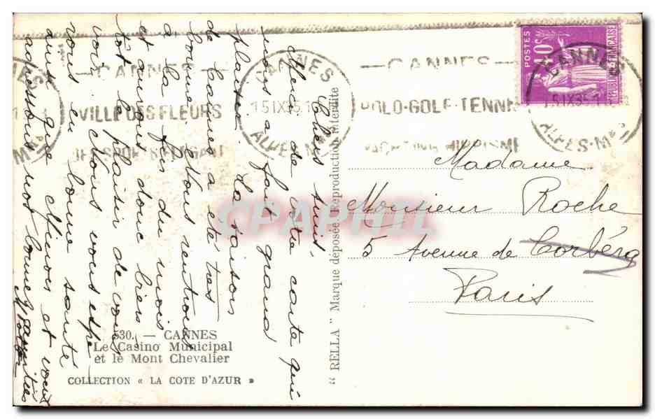 CPA Cannes Le Casino Municipal Et Le Mont Chevalier — Rückseite