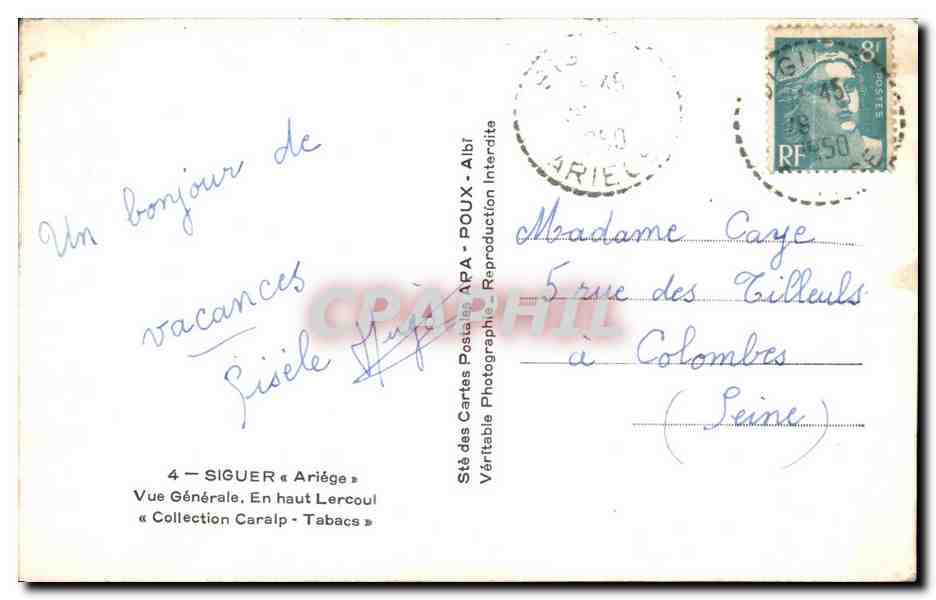 Vue Générale, En haut Lercoul — Ariège — éditeur ARA — Rückseite