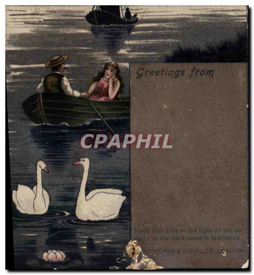 Couples en barque avec cygnes — carte postale luminescente — G. H. & Co. Ltd. London