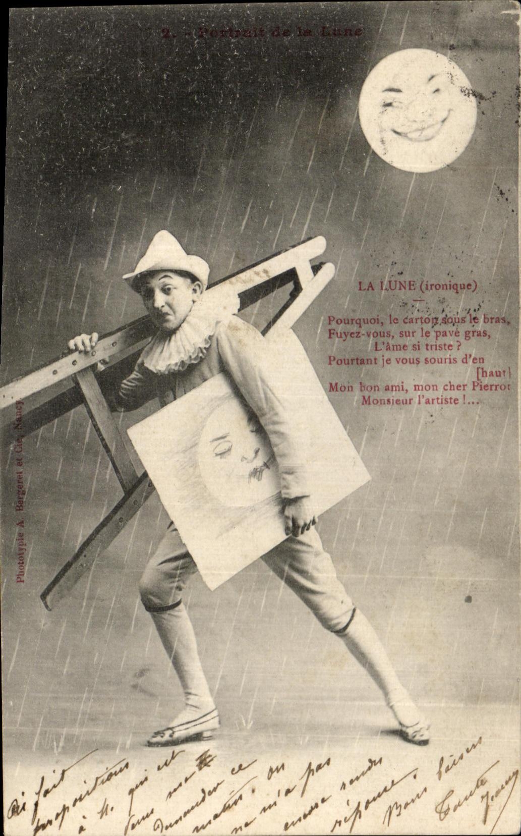 Retrato de la Luna — escena humorística con una luna caricaturizada — Phototype A. Bargénet et Cie, Nantes