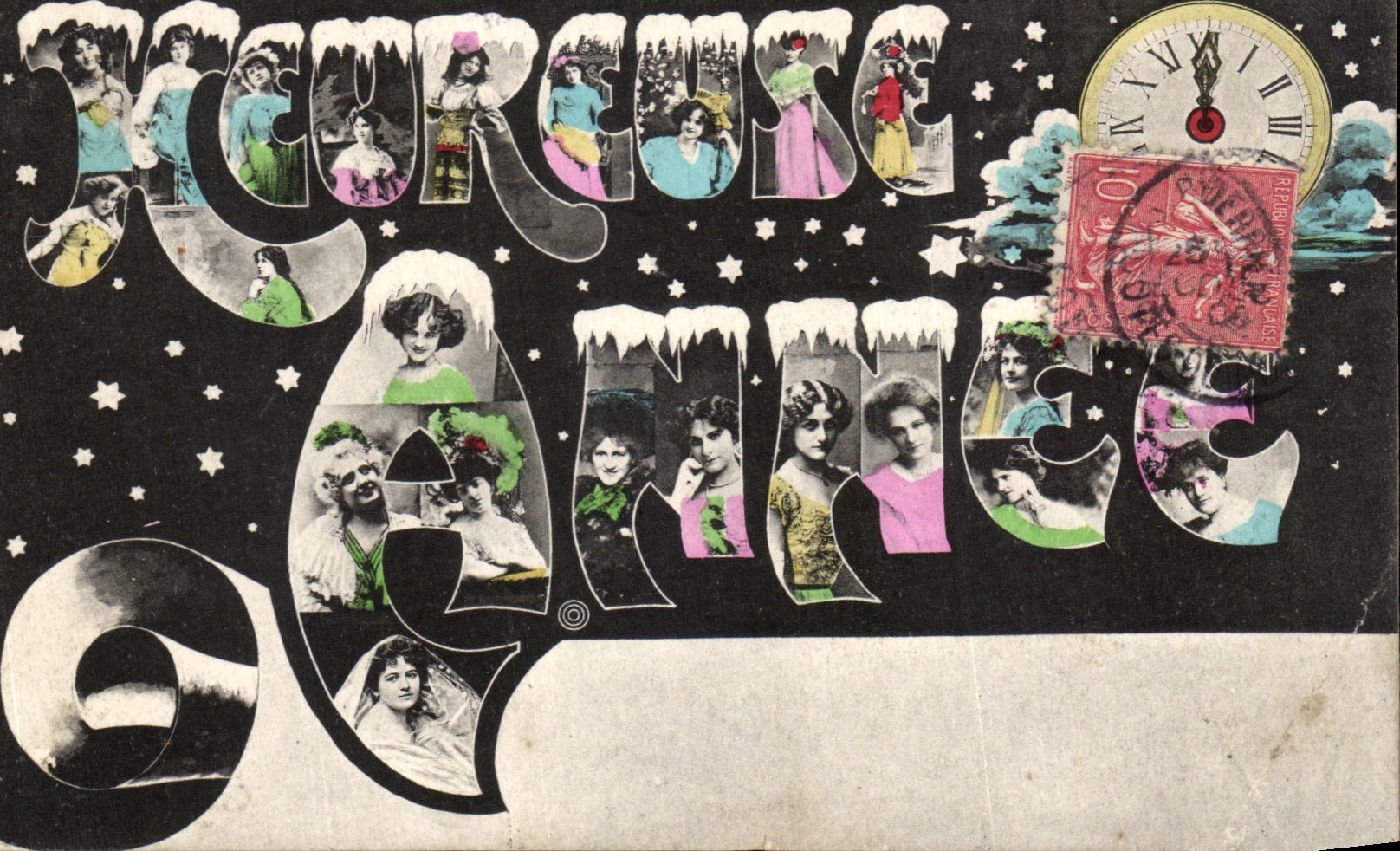 JOCURCUSE ANNEE — Carte postale décorative avec portraits féminins — éditeur inconnu
