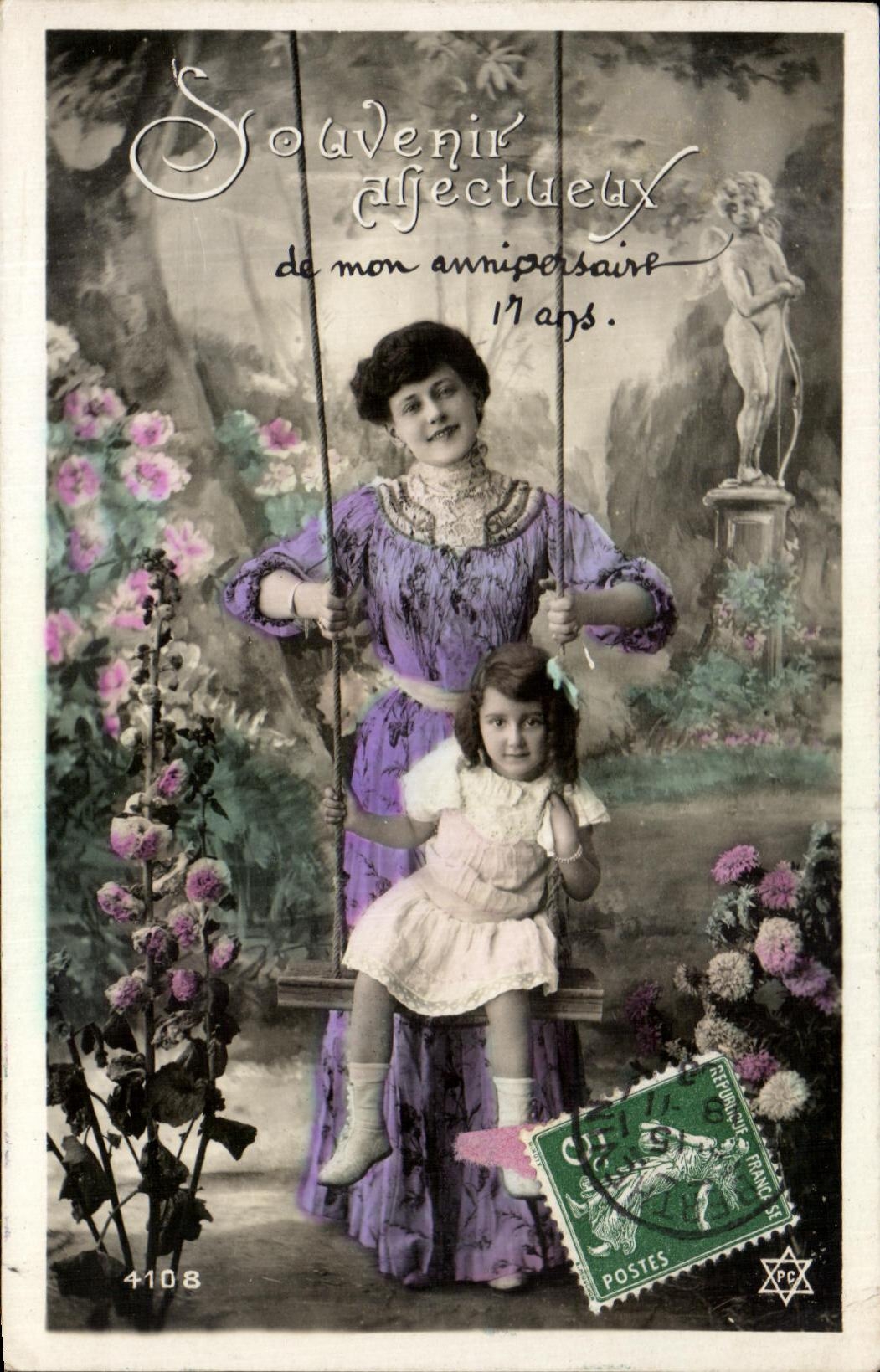 Femme et enfant sur balançoire — Souvenir affectueux de mon anniversaire 17 ans — éditeur anonyme, n° 4108