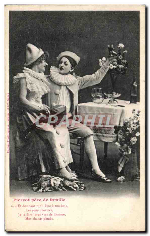 Pierrot père de famille — scène de théâtre — Édition Phototype A. Bocquet & Frères, Nancy