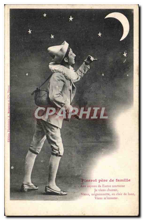Pierrot padre de familia — bajo un cielo estrellado — Edición Phototypie A. Berreux et Fils, Nancy