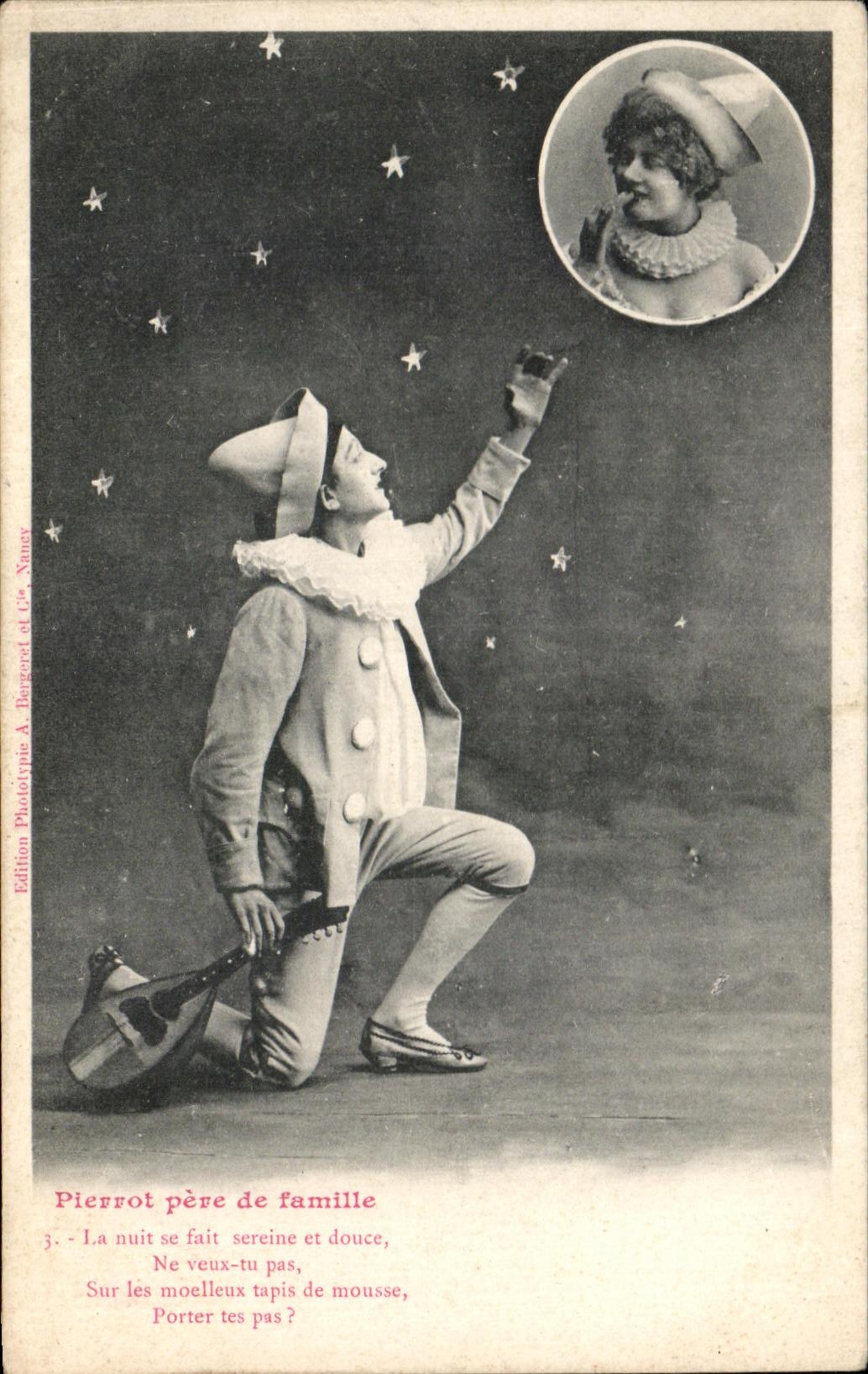 Pierrot père de famille — scène de théâtre — Édition Phototypie A. Bergaret et Cie, Nancy