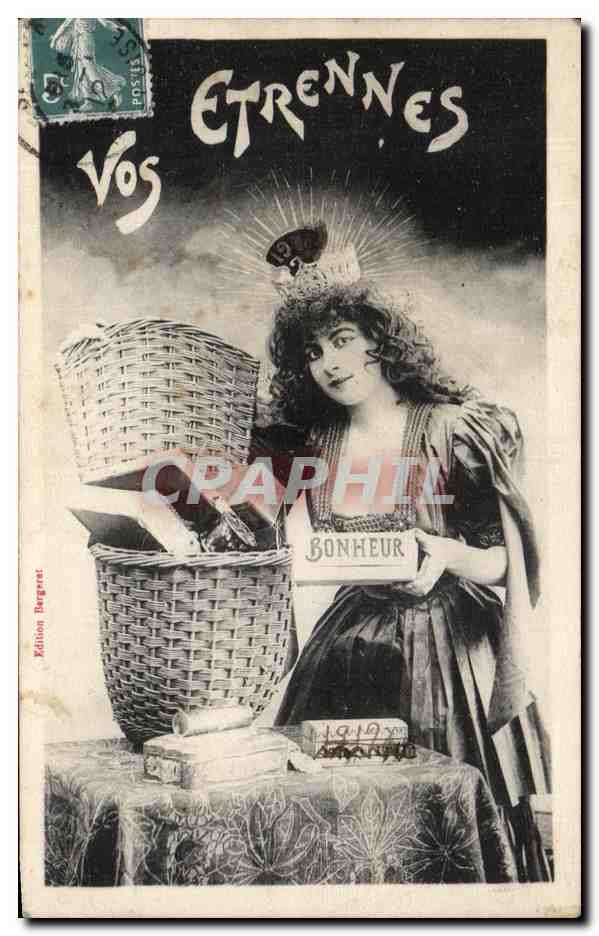 Femme en robe de style antique tenant un panier et une boîte — 'Vos Étrennes' — Édition Kétilon Bergerat