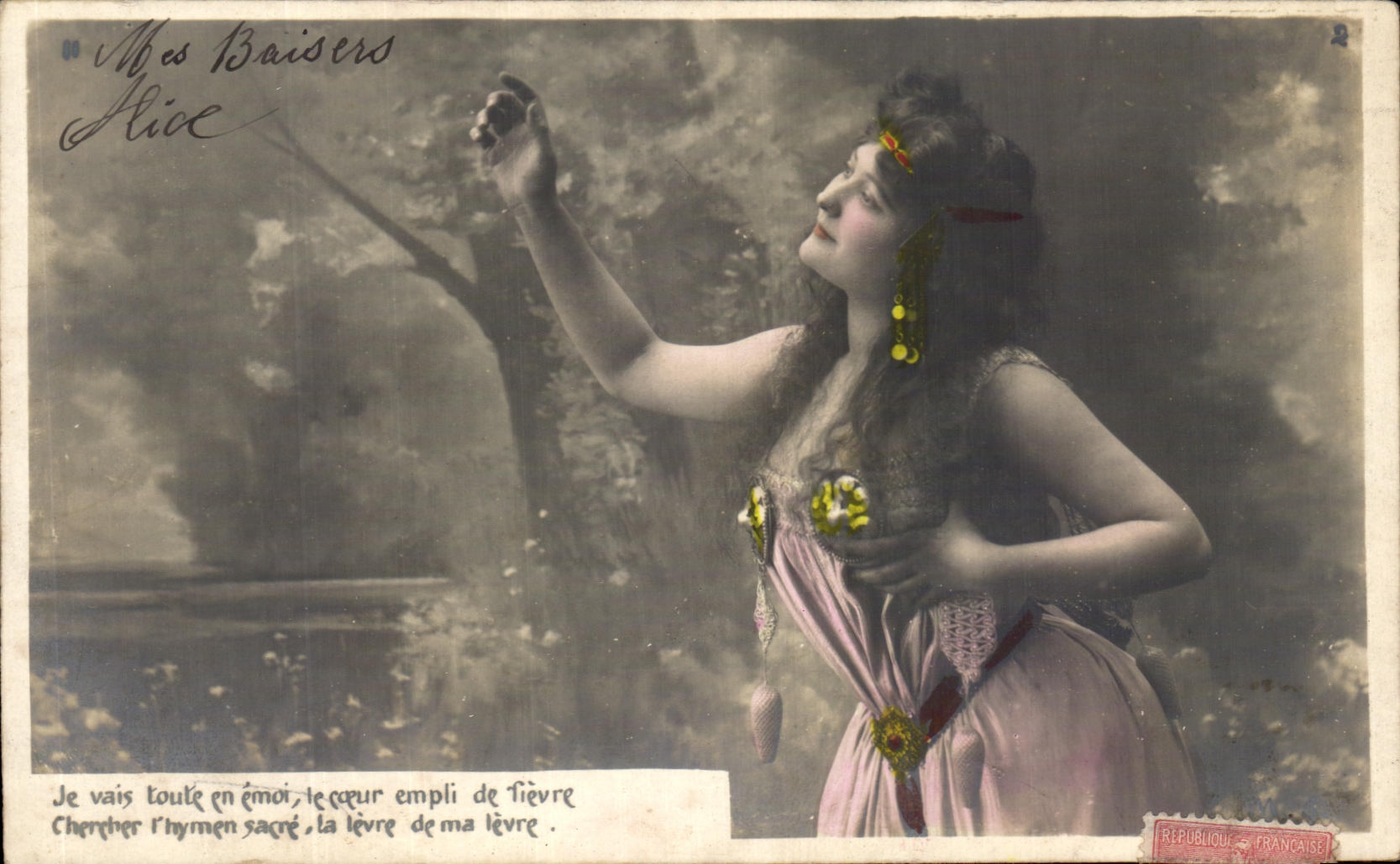 Femme en robe rose — poème amoureux — éditeur inconnu, n° 2