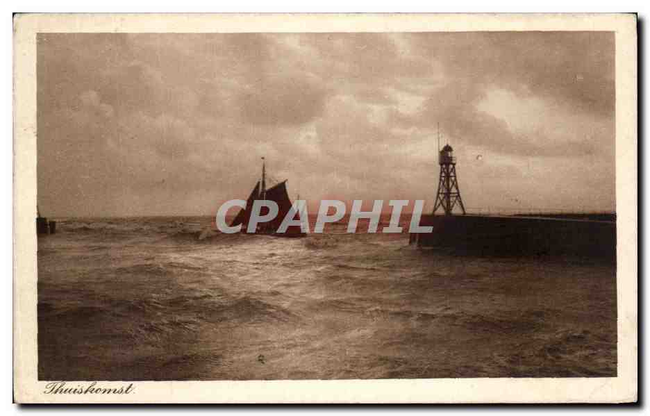 Thuiskomst — vue du port avec phare et bateau — Uitg. Weenenk & Snel, Den Haag, série N°8