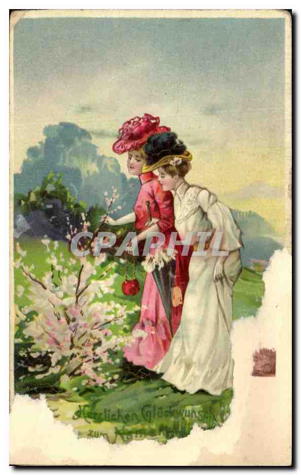 Deux jeunes femmes au bord d'un arbre en fleurs — carte postale allemande — éditeur non identifiable