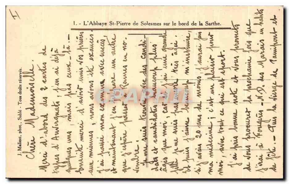 CPA L'Abbaye St Pierre de Solesmes Sur le Bord de la Sarthe — Verso