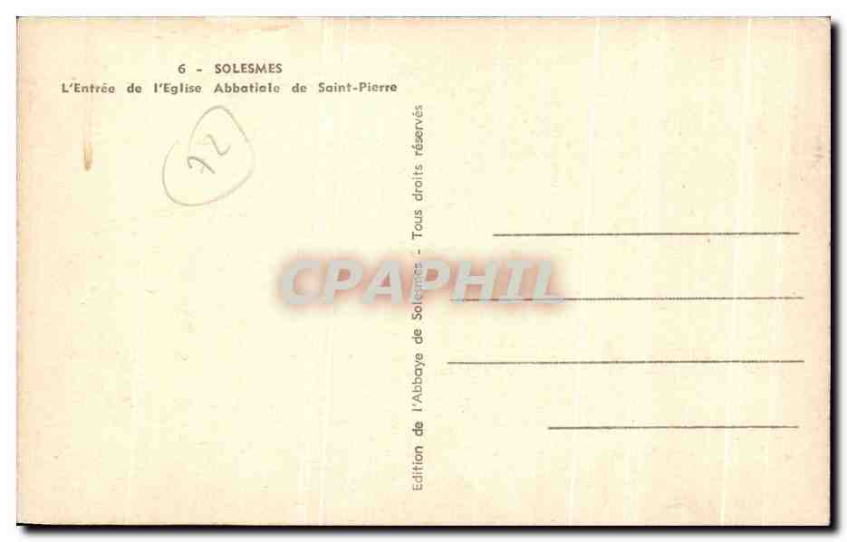 CPA Solesmes L'Entree de l'Eglise Abbatiele de Saint Pierre — Verso