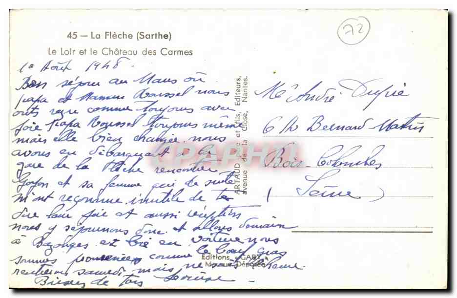 CPA La Fleche Le Loir et le Chateau des Carmes — Rückseite