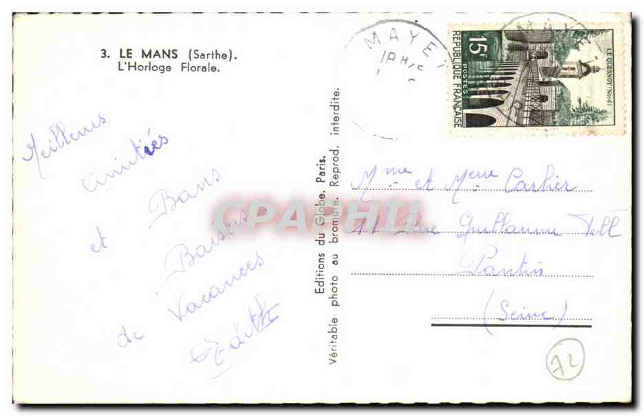 Le Mans (Sarthe) — L'Horloge Florale — Éditions du Globe, Paris — Verso