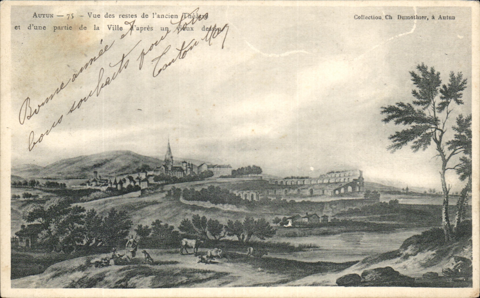 CPA Autun Vue des restes de l'ancien theatre et d'une patrie de la Ville d'apres un vieux dessin 