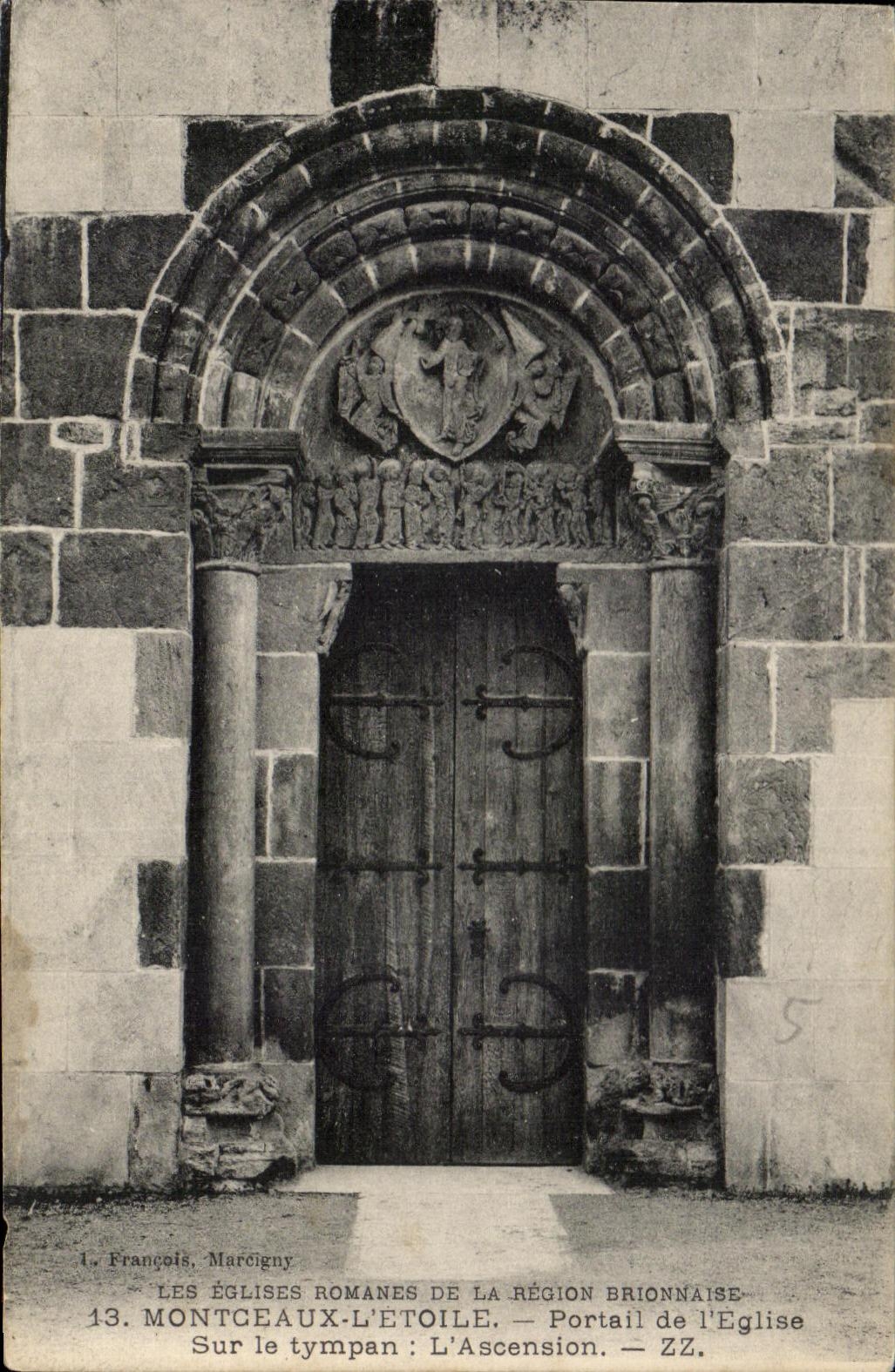 Montceaux-l'Étoile — Portail de l'église — tympan de l'Ascension — Éditeur L. François, Marcigny, n°13