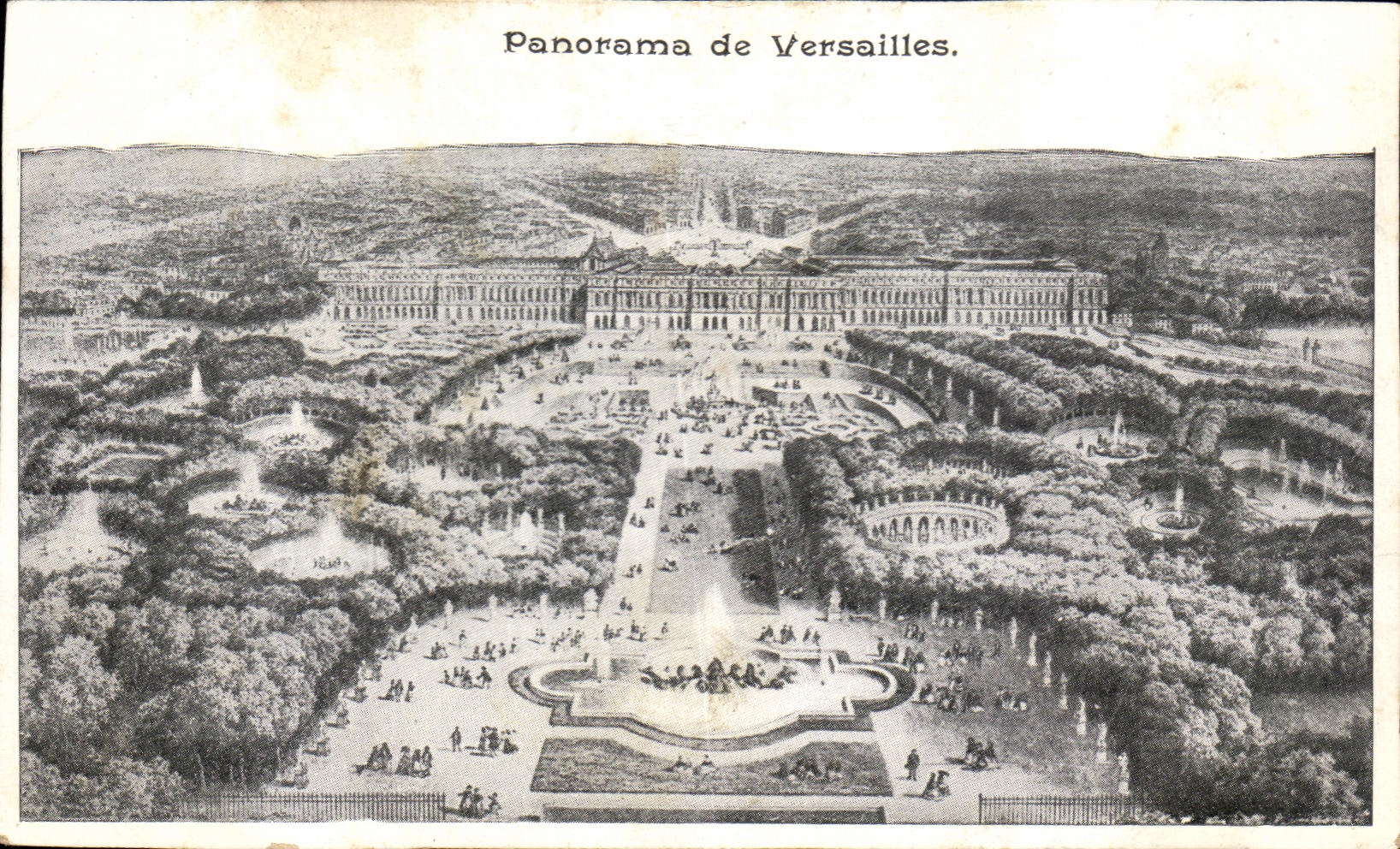 Panorama de Versailles — vue aérienne du château et des jardins — éditeur non visible