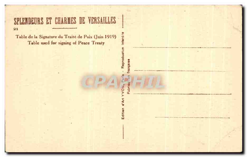CPA Splendeurs Et Charmes De Verseilles Table de la Signature du Traite de Paix Juin 1919 — Verso