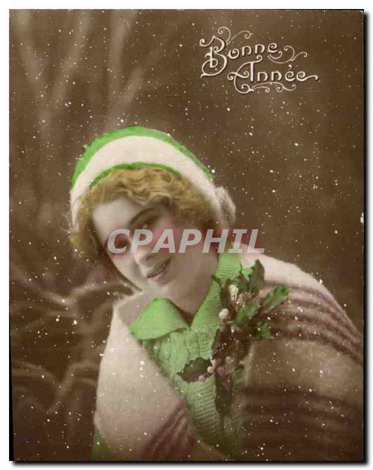 Jeune femme en bonnet de Noël — carte de vœux — CPAPHIL