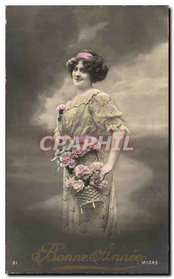 Femme en robe fleurie tenant un panier de roses — Bonne Année — MIDAS n°31