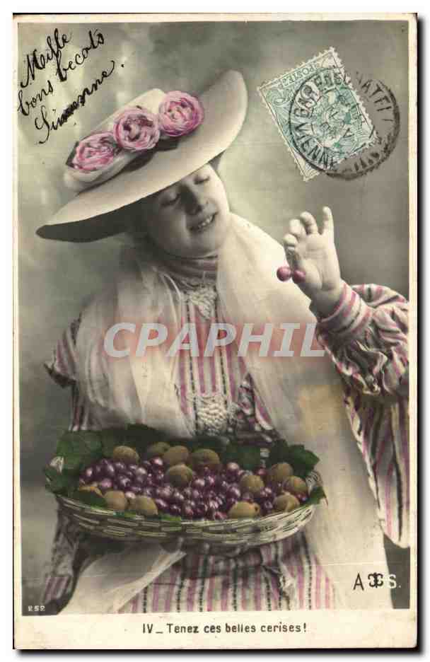 Jeune femme en chapeau à fleurs — avec panier de cerises — édit. A.B.S. n° IV