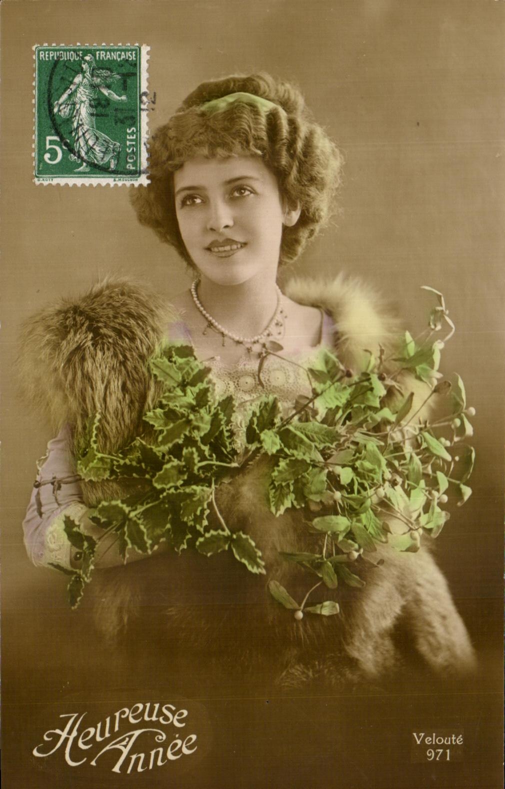 Woman in Fur Holding a Bouquet — Happy Year 971 — Velvet