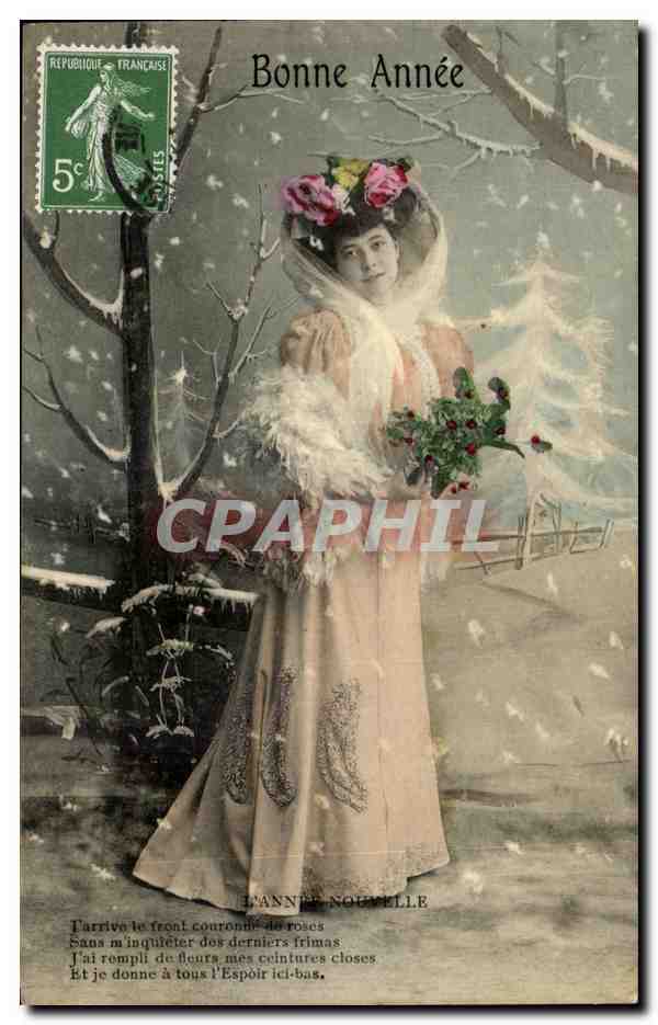 Femme en robe de style Art Nouveau — scène hivernale avec flocons — éditeur S. 0068