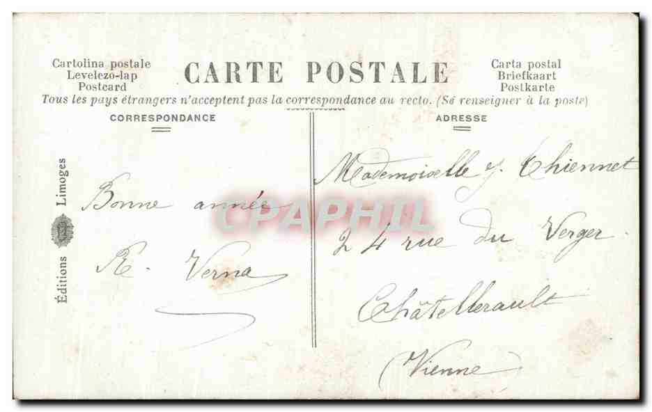 Junge Frau in Eiszweig- und Tannenrahmen — 'Heureuse Année' — Éditions Limoges — Rückseite