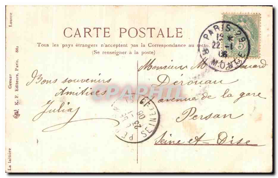 CPA Fantaisie Greuze Musee du Louvre Paris La laitiere Cheval — Verso