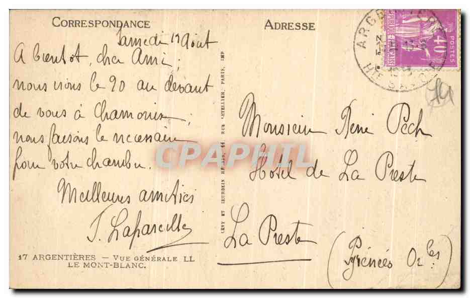 CPA Argentieres Vue Generale Le Mont Blanc — Rückseite