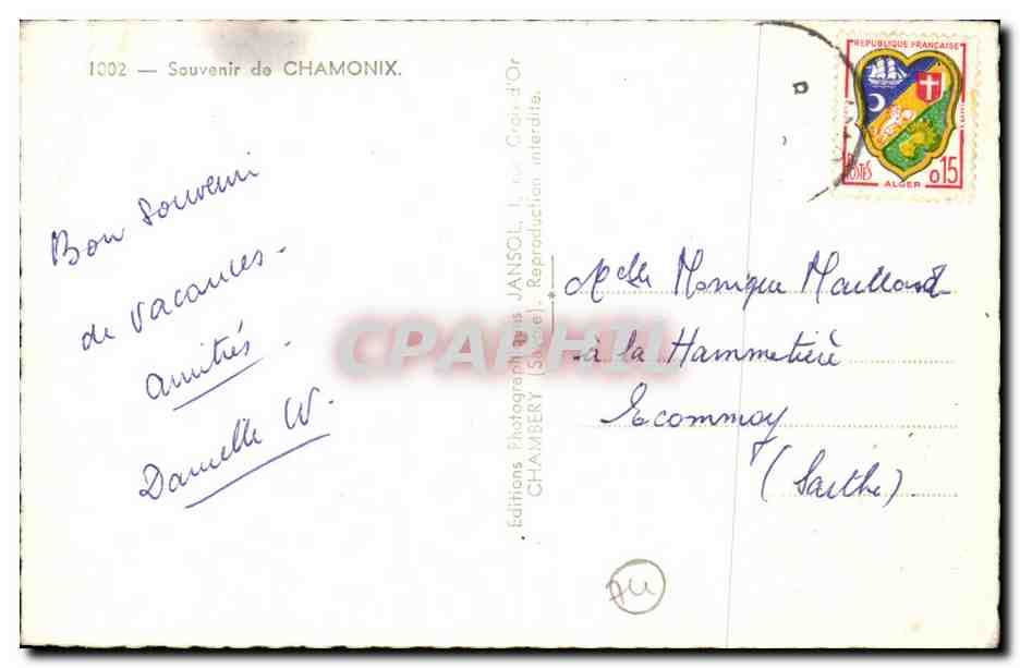 Chamonix — Souvenir de Chamonix — Jansol, n°1002 — Verso