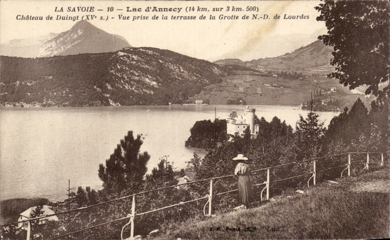 Lac d'Annecy — Château de Duingt (XVe s.) — Vue prise de la terrasse de la Grotte de N.-D. de Lourdes — Éditeur D.P. Paris