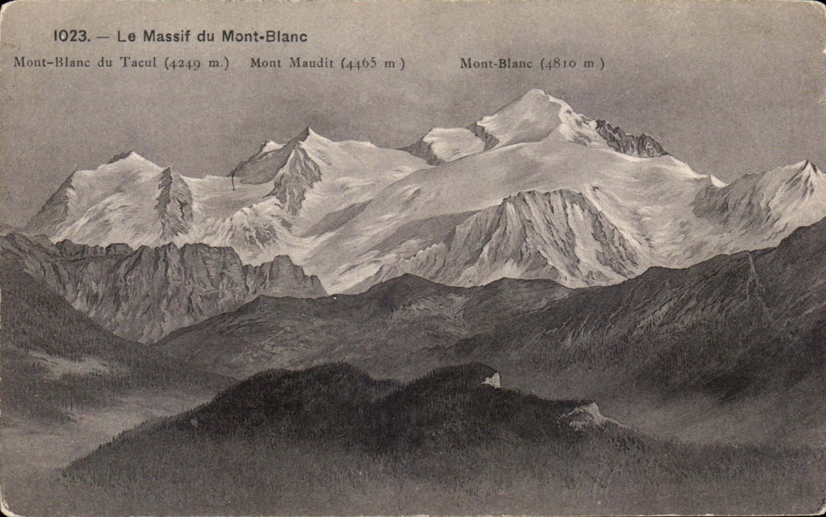 Le Massif du Mont-Blanc — Mont-Blanc du Tacul (4249 m), Mont Maudit (4465 m), Mont-Blanc (4810 m) — série 1023