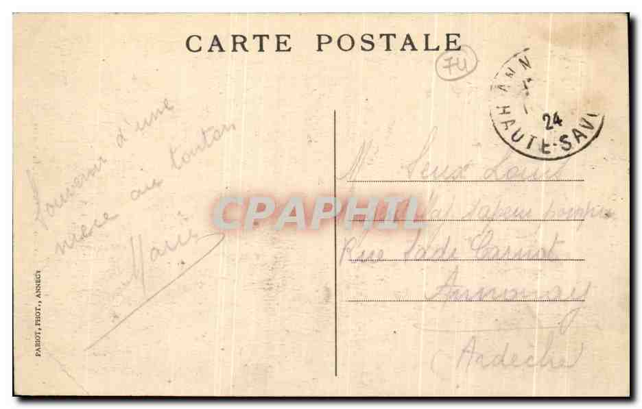 Les Gorges du Fier, la Sortie — Sites pittoresques de Savoie — éditeur Parbot, Febot, Annecy, n°24 — Verso
